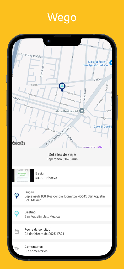 Wego pasajeros - Interface de l'application Wego pasajeros montrant les détails du trajet avec la carte et le tarif estimé