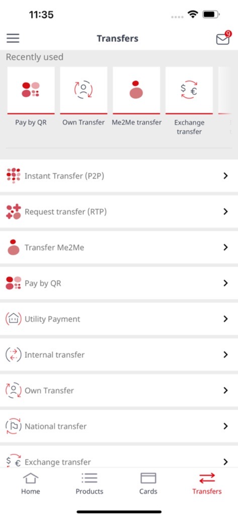 The transfers menu of the ProCredit Moldova mobile banking app showing utility payment and exchange options.