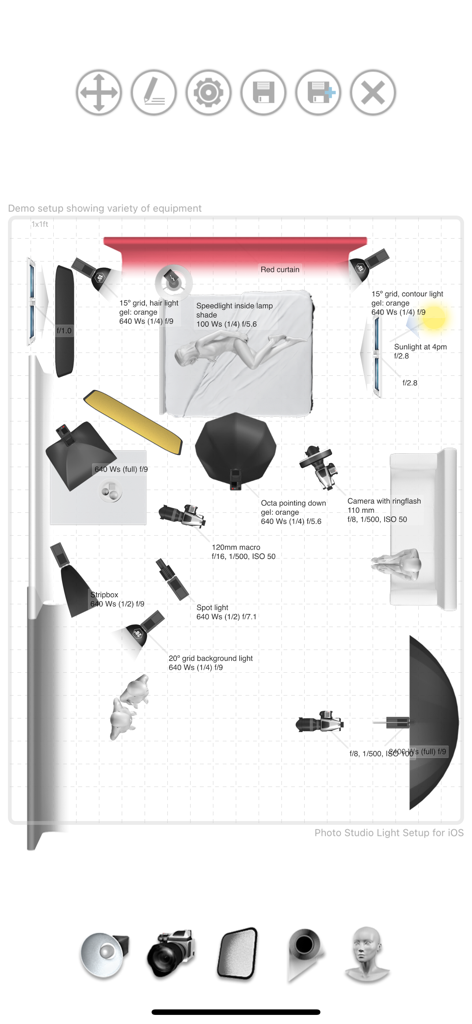 A professional photography studio lighting diagram showing equipment placement and settings