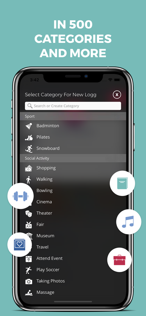 Logg: Personal Journal & Diary - Smartphone screen showing over 500 activity categories for logging daily moments in the Logg journal app