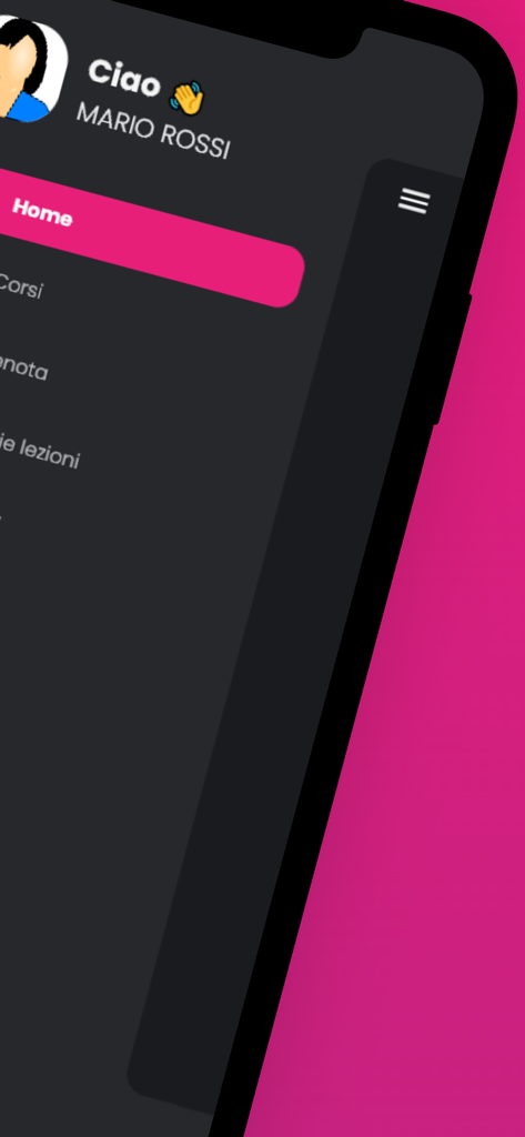 Sporty - Sporty Fitness-App-Oberfläche mit einem Dark-Mode-Dashboard-Menü mit Benutzerprofil-Begrüßung und Navigation für Kurse und Buchungen