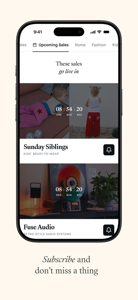 Choose: Daily Discovery - Eine Vorschau auf bevorstehende Verkäufe in der Choose-App mit einem Countdown-Timer für kuratierte Marken wie Sunday Siblings und Fuse Audio