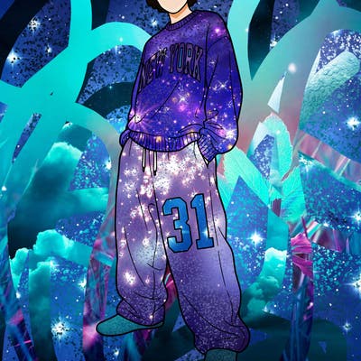 cool sweatpants with the number 31 on it and a sweater that says new york on it. both the shirt and pants are baggy