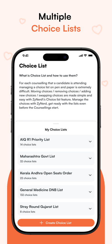ZyNerd app interface showing multiple medical counseling choice lists