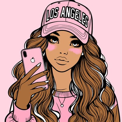 realistic beautiful girl wearing los ángeles cap holding an iphone