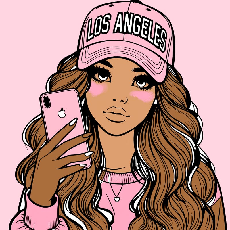 realistic beautiful girl wearing los ángeles cap holding an iphone