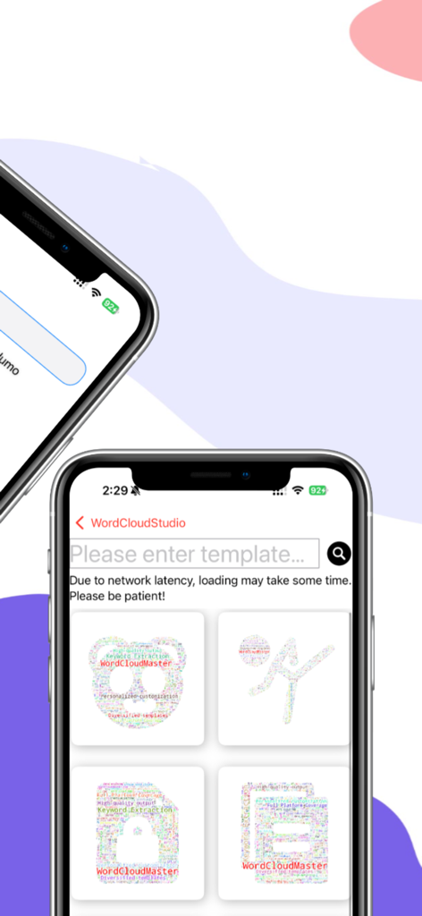 WordCloudStudio - WordArt Tool - WordCloudStudio mobile app showing a gallery of word cloud templates in unique shapes like a panda and a runner.