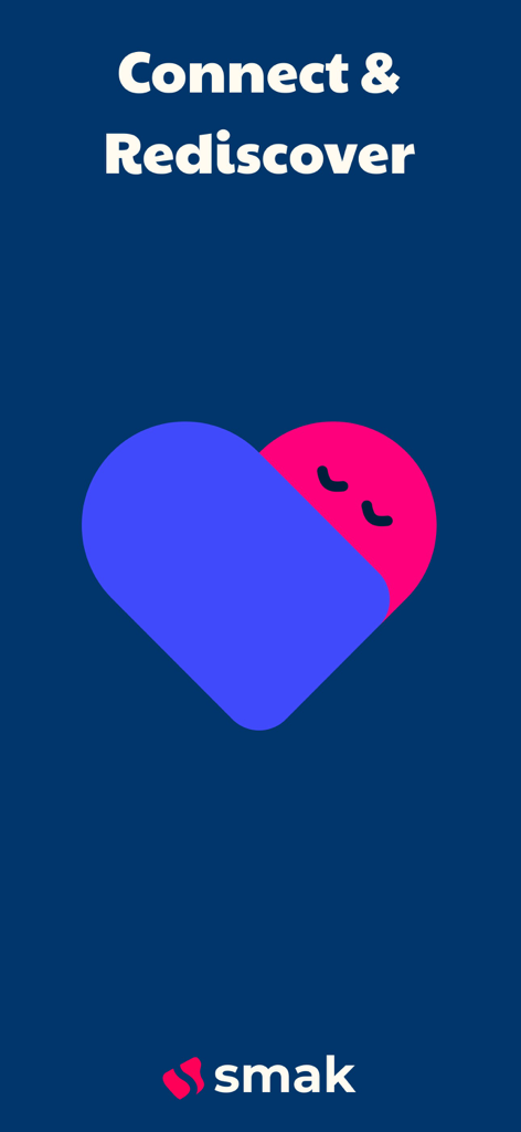 DeepQ app splash screen featuring the text Connect and Rediscover and a stylized heart icon on a dark blue background