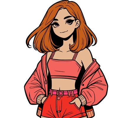 a realistic girl with a crop top and short shorts in an open jacket