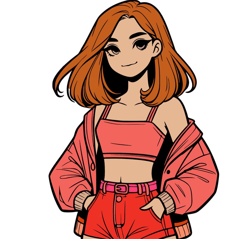 a realistic girl with a crop top and short shorts in an open jacket