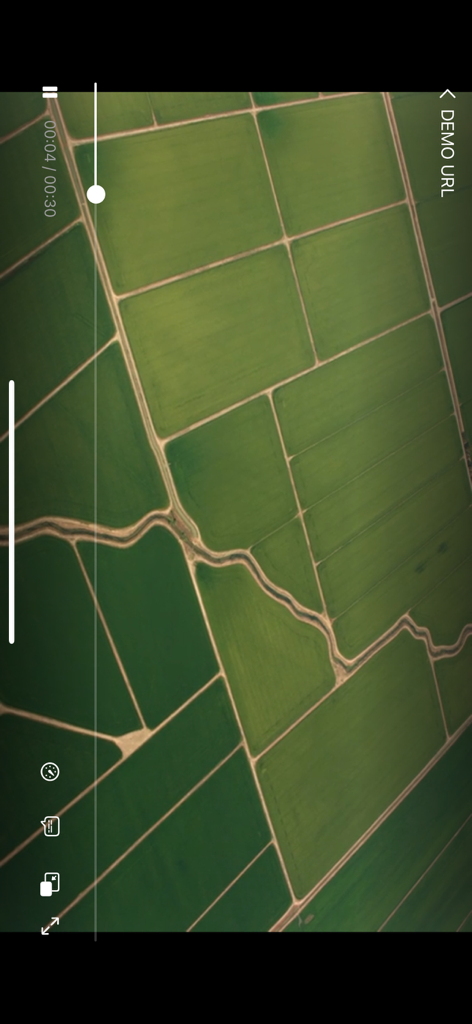 Interface of URL Video Player showing playback controls and a video of green fields