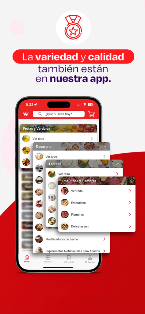 Supermercados Wong app interface showing grocery product categories