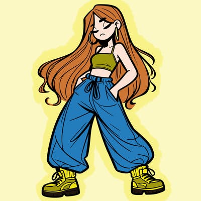 girl in baggy pants crop top and long hair