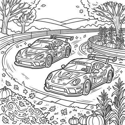 Experience the thrill of autumn racing with this dynamic coloring page featuring two high-speed GT Racers. Dive into a vibrant fall landscape filled with festive pumpkins and swirling leaves, designed for creative teens.