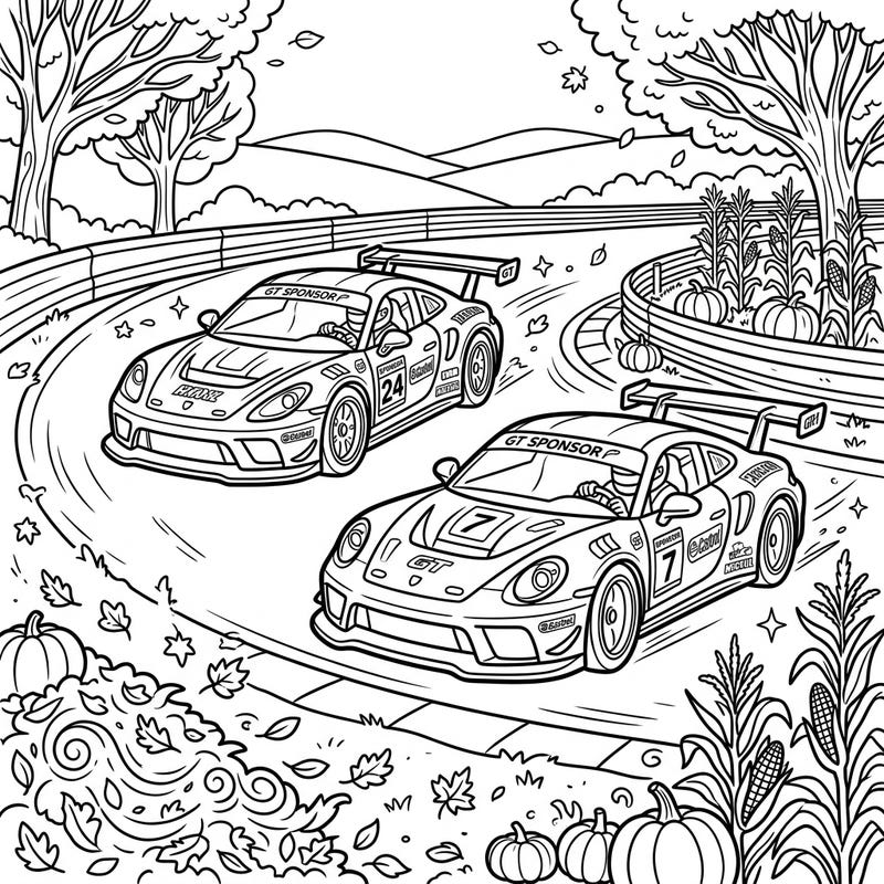 Experience the thrill of autumn racing with this dynamic coloring page featuring two high-speed GT Racers. Dive into a vibrant fall landscape filled with festive pumpkins and swirling leaves, designed for creative teens.