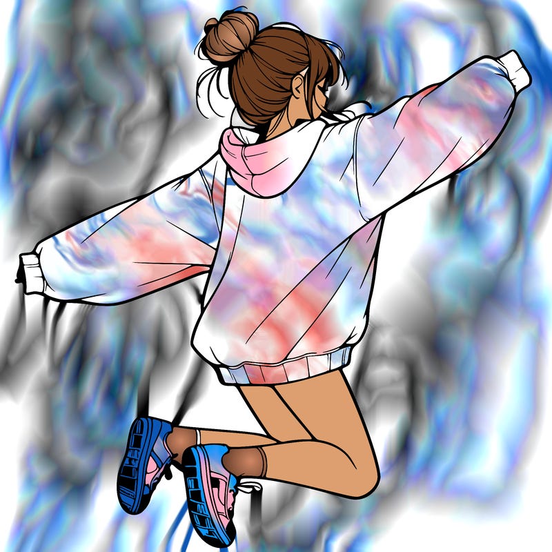 realistic girl jumping with a bun and oversized sweatshirt