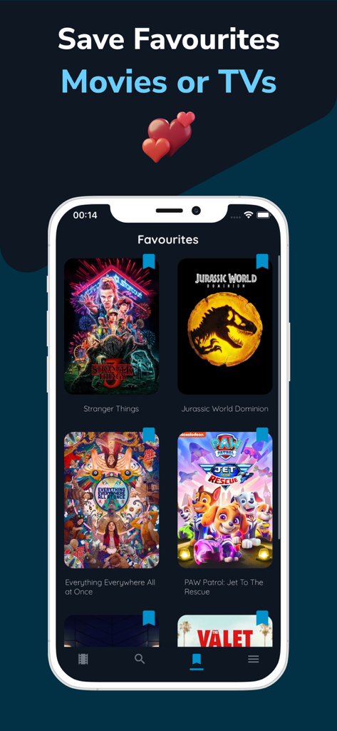 Movie Max app interface displaying a curated list of favorite movies and TV shows