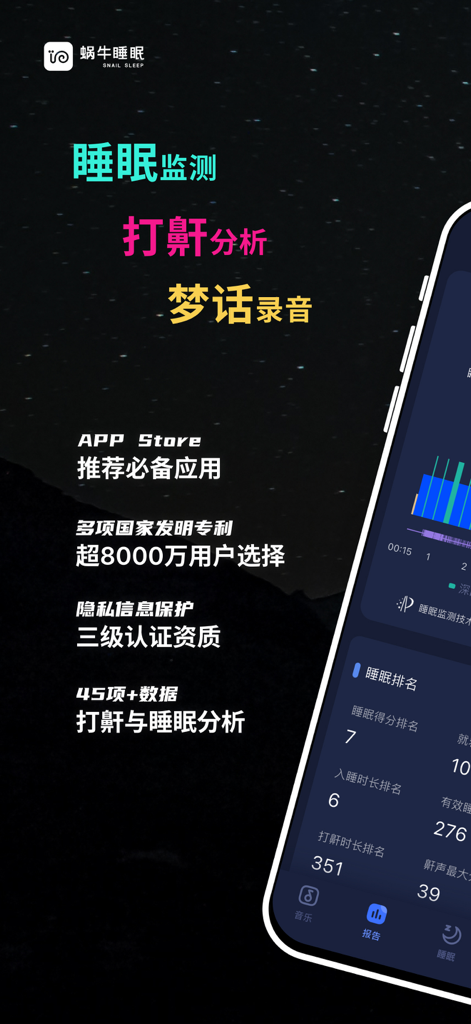 Snail Sleepアプリのインターフェース。睡眠ランキング、いびき分析、睡眠時間などの指標を表示