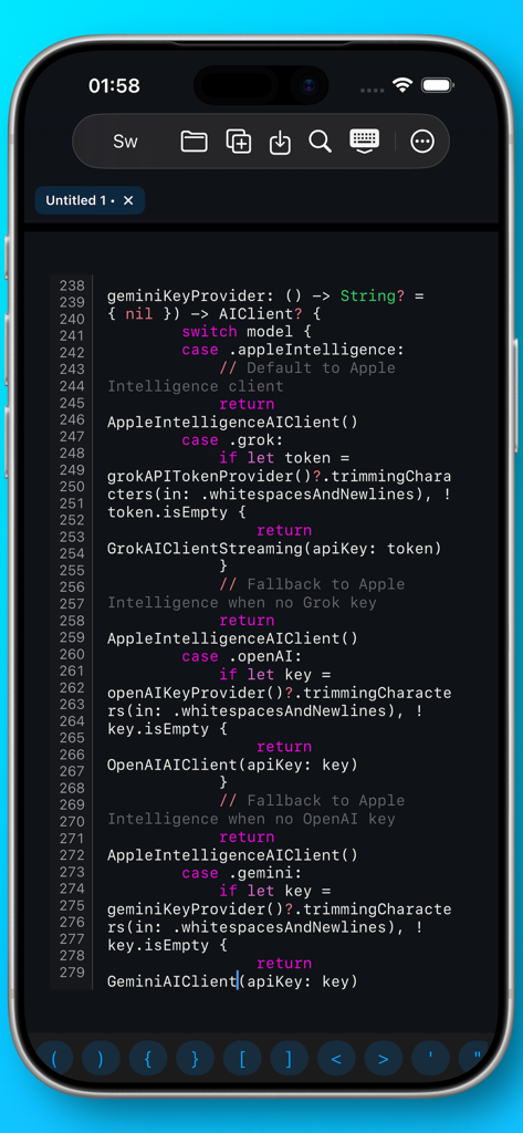Neon Vision Editor - La aplicación Neon Vision Editor en iPhone muestra código Swift con resaltado de sintaxis en modo oscuro