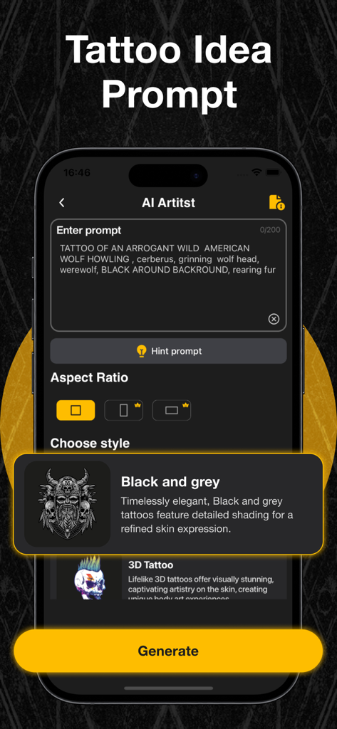 Ai Tattoo Designer Maker - Interfaz de la aplicación Creador de Diseños de Tatuajes IA mostrando una indicación de texto para un tatuaje de lobo y selección de estilo