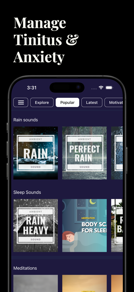 Rain Sleep Sounds & Meditation - Mobile app interface showing categories for rain sounds sleep sounds and meditation to manage tinnitus and anxiety