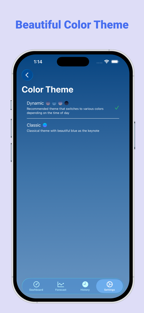 Settings screen of the Torr Barometer Altimeter app displaying Dynamic and Classic color theme options on an iPhone.