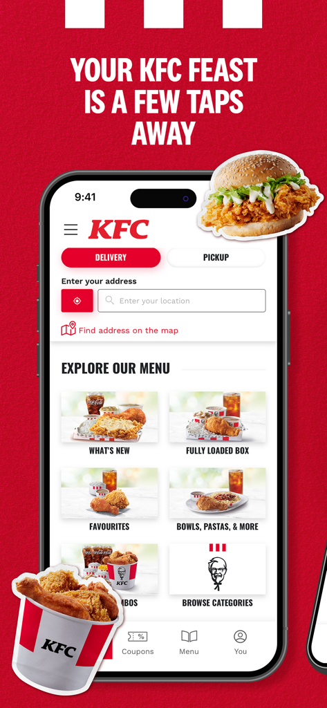 KFC Philippines - Pantalla de inicio de la app móvil KFC Filipinas con opciones de entrega y menú