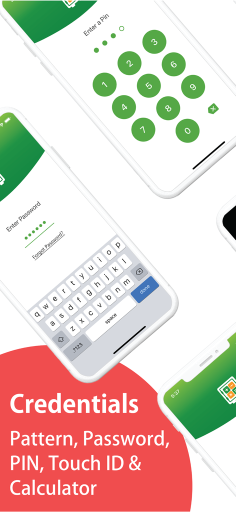 Lock screens for Calculator Hide Photos app featuring PIN and password entry options.