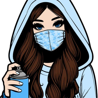 girl wearing a mask with long hair with her hood up spray-painting realistic