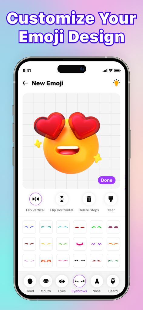 Emoji Maker : DIY Emoji Merge - A mobile interface for designing a custom emoji with heart eyes and various eyebrow options