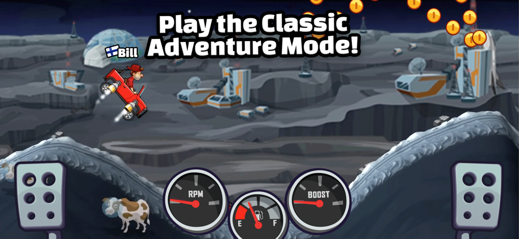 Hill Climb Racing 2 Gameplay zeigt den Abenteuermodus in einem Level zum Thema Mond mit einem roten Buggy, der über Krater springt.