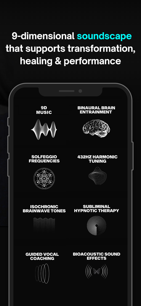 BeyondBreath app screen displaying 9D soundscape features including binaural brain entrainment and solfeggio frequencies.