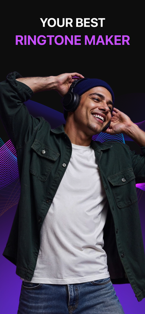 Ringtone Maker for iPhone‧ - A young man wearing headphones and smiling in front of a purple background with the text Your Best Ringtone Maker.
