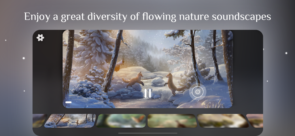 Flowing 2 app interface displaying a winter nature soundscape with two foxes in the snow