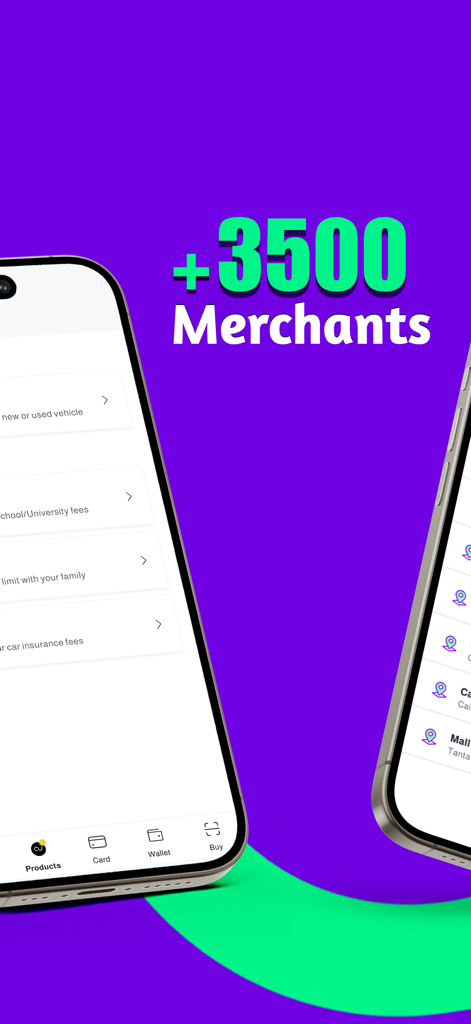 Souhoola - سهولة - Interfaz de la aplicación móvil Souhoola que muestra acceso a más de 3500 comerciantes para compras a plazos