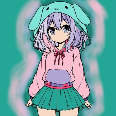 pretty anime girl wearing a fluffy hoodie with bunny ears on the hood and a skirt