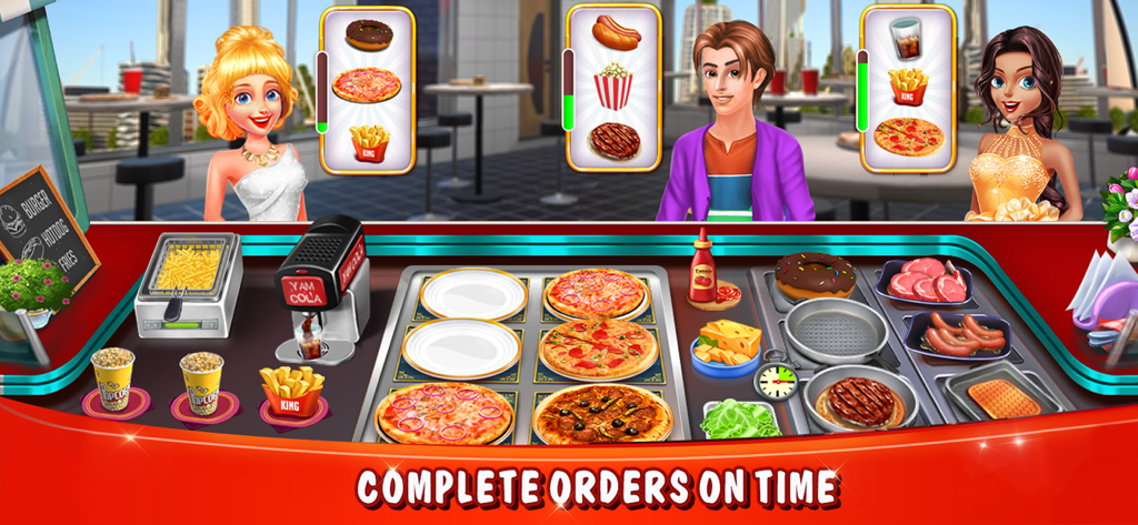 Cooking Games - Food Games - Captura de pantalla del juego de un restaurante de comida callejera donde los jugadores cocinan pizza y patatas fritas para los clientes.