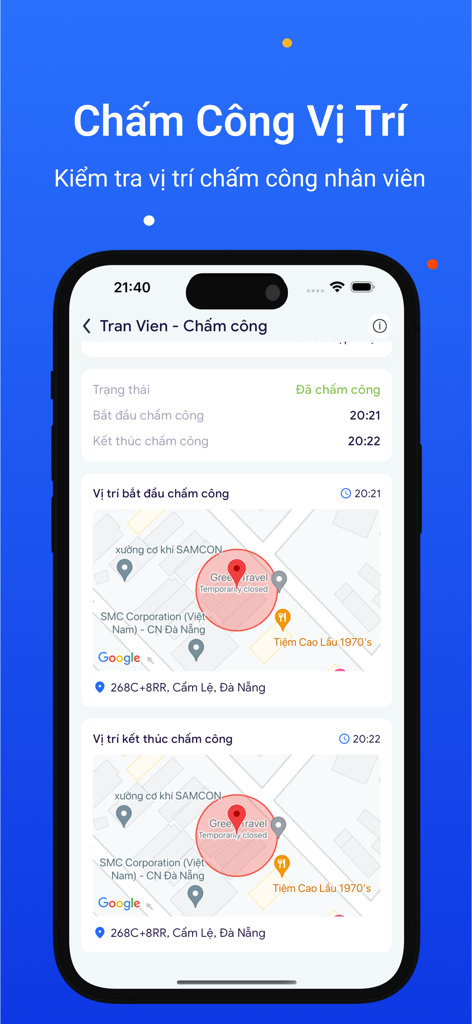 Interfaccia dell'app AtWork che mostra le presenze dei dipendenti con mappe di tracciamento della posizione GPS