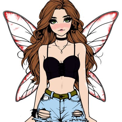 realistic fairy with a crop top and ripped jean shorts