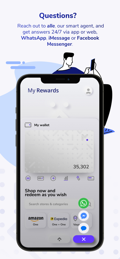 My Rewards by Visa Loyalty - Smartphone screen showing My Rewards wallet and 24/7 smart agent chat options via WhatsApp and Messenger