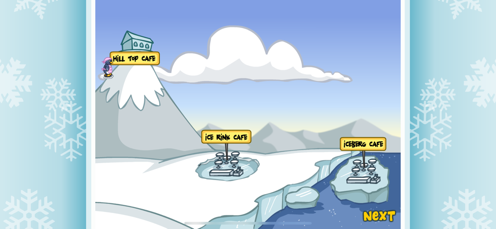 Penguin Diner: Restaurant Dash - Mapa del juego que muestra la Cafetería de la Colina, la Cafetería de la Pista de Hielo y la Cafetería del Iceberg en un paisaje nevado