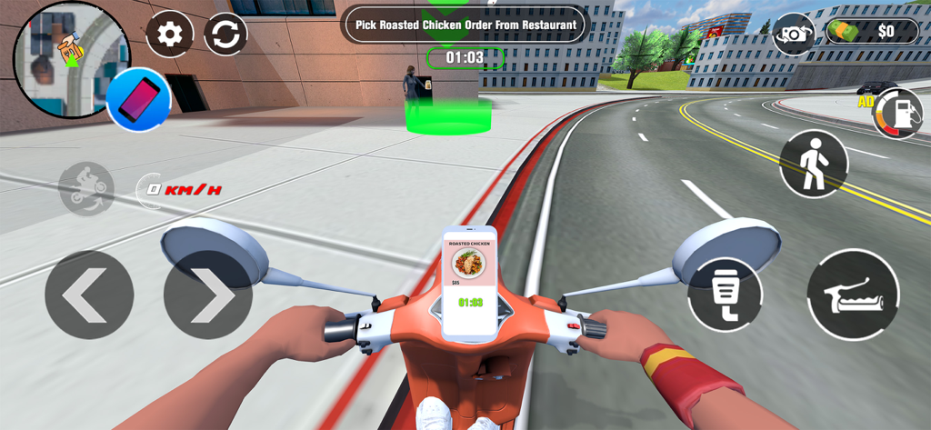 Food Hustle Delivery Game - Blick aus der Egoperspektive eines Spielers, der in der Stadt mit einem Roller für eine Essenslieferung fährt