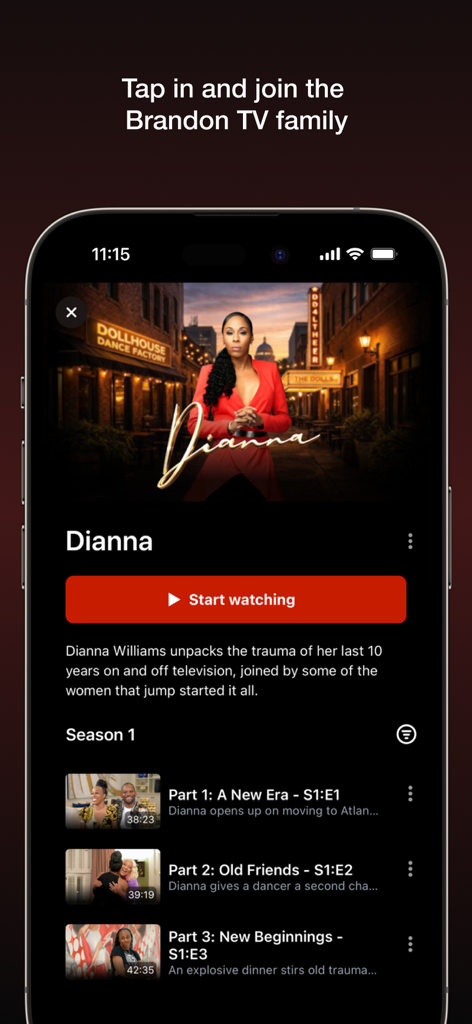 Brandon Studios TV - Mobile app interface of Brandon Studios TV showing the reality series Dianna with an episode list and start watching button.