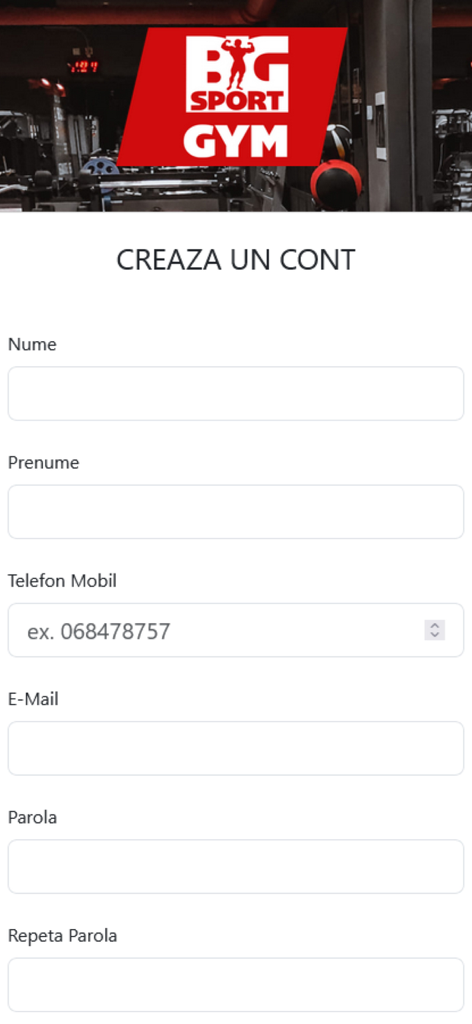 BigSportGym - BigSportGym app signup screen showing the account creation form