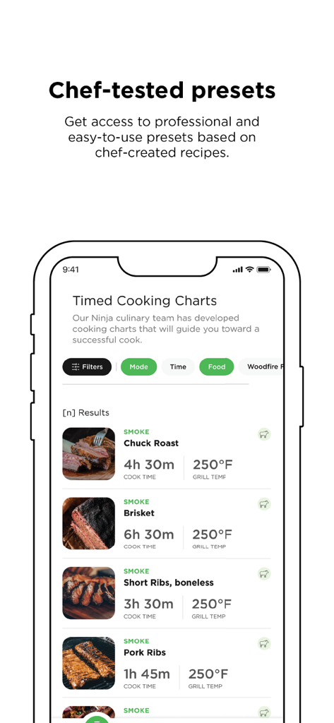 Ninja Pro Connect - Interfaccia dell'app Ninja Pro Connect che mostra tabelle di cottura temporizzate e preimpostazioni testate da chef per varie carni