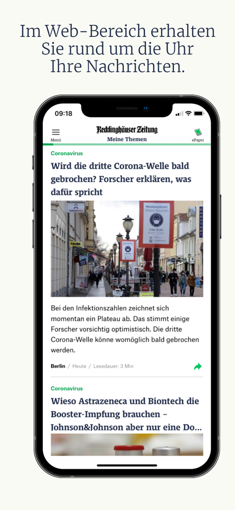 Recklinghäuser Zeitung - Ein Smartphone, das die Nachrichten-Oberfläche der Recklinghäuser Zeitung App mit lokalen deutschen Artikeln anzeigt.
