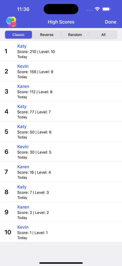 Memory Game Retro Puzzle - High scores leaderboard for Memory Game Retro Puzzle showing top player rankings and scores