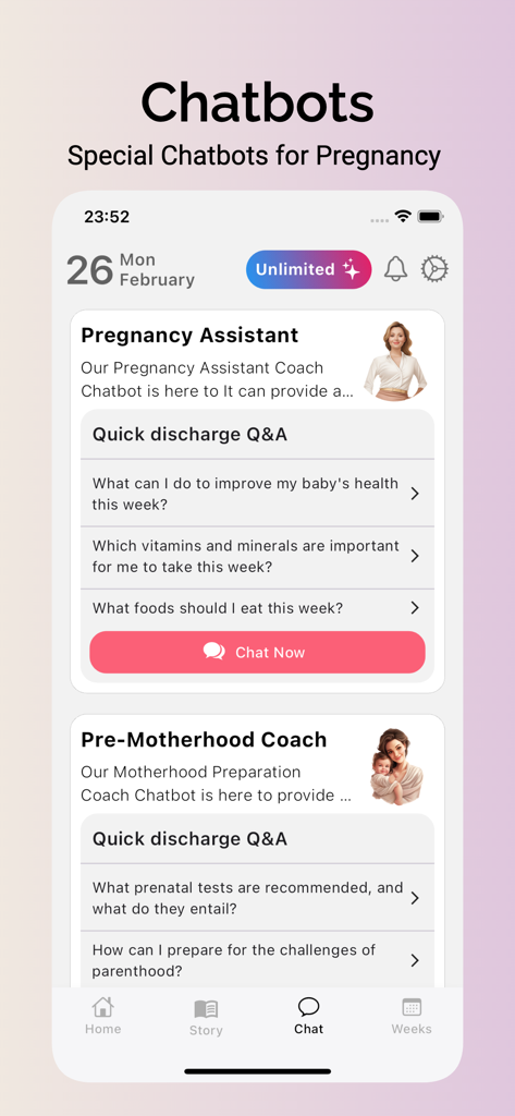 Count the Kicks - Kick Counter - Screenshot of the Mia app showing the AI pregnancy assistant and motherhood coach chatbots
