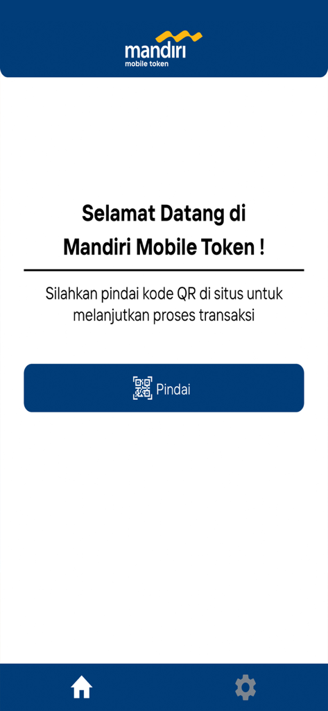 Mandiri Mobile Token app welcome screen with a button to scan QR codes for transaction authentication.