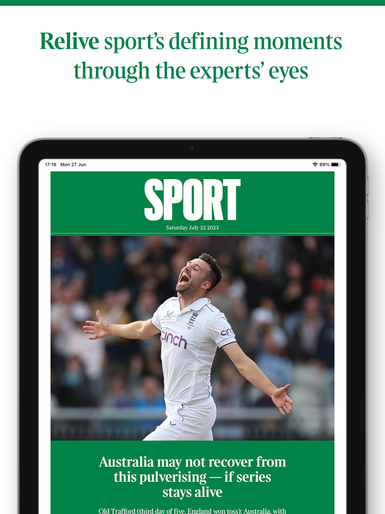Pantalla de iPad que muestra la sección deportiva de la aplicación The Times of London con un artículo de noticias de cricket